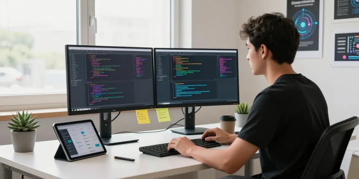 Developer using juicy ai algorithms in a modern workspace with coding displays and vibrant decor.