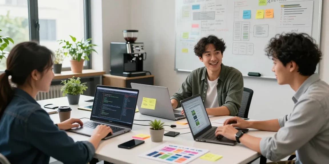 Build internal tools with AI in a vibrant tech workspace with collaborative developers, laptops, and brainstorming tools.