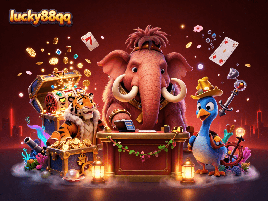 Experience the thrill of lucky88qq with vibrant 3D characters and casino elements in an exciting setting.