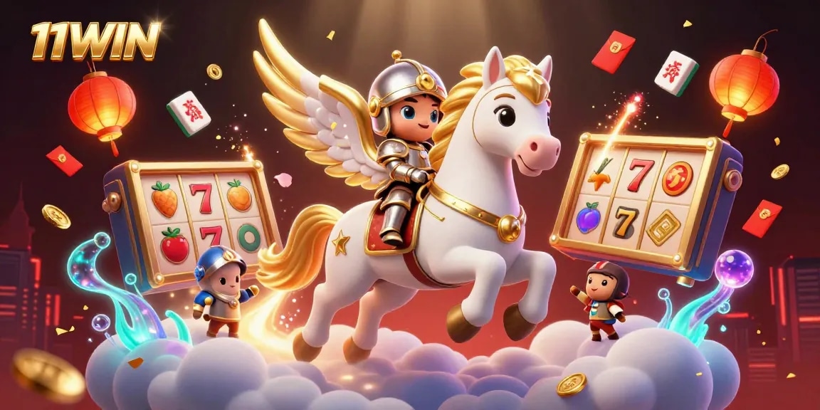 Engage with 11WIN's vibrant casino atmosphere featuring a magical horse and gaming symbols.