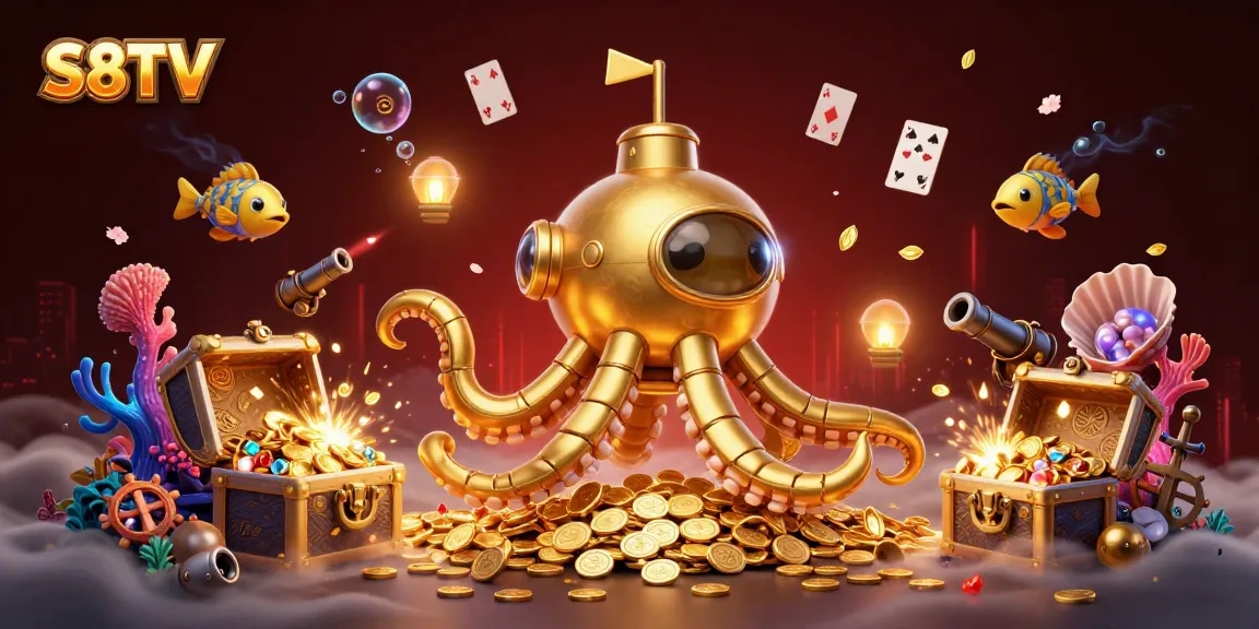 S8TV showcases a vibrant 3D scene featuring a golden kraken submarine amid underwater treasures, perfect for betting enthusiasts.