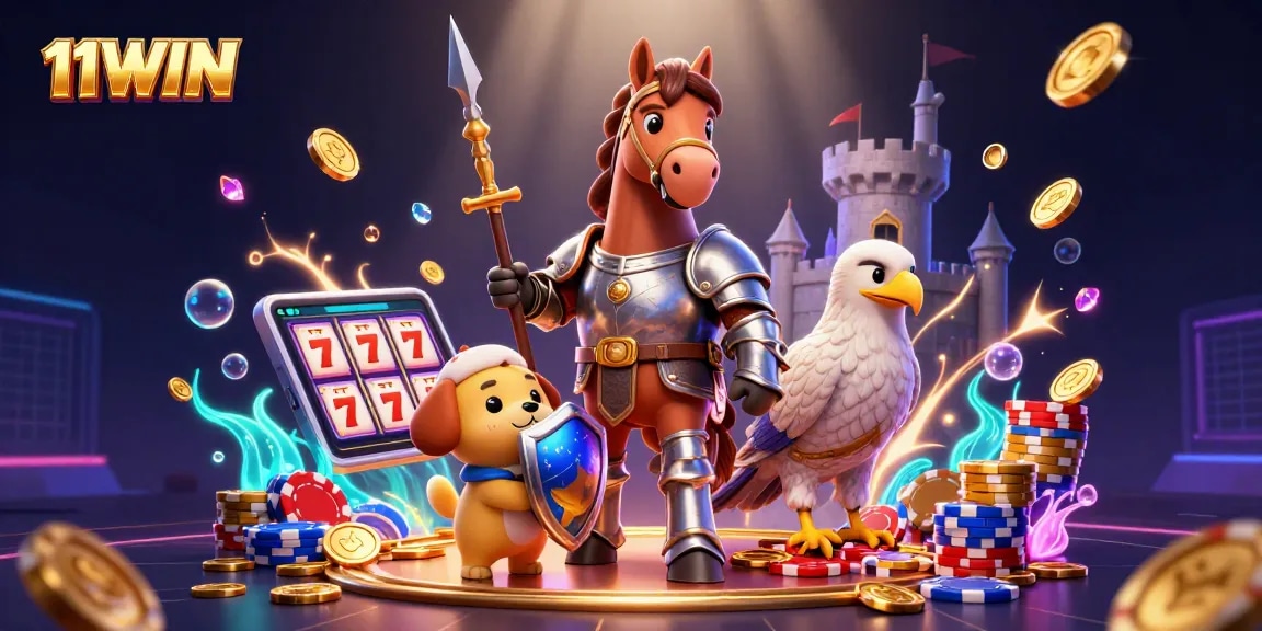 Spin and win with 11WIN's lively casino scene featuring a knight, puppy, and falcon!