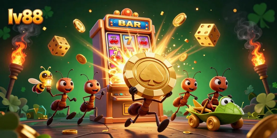 lv88 ants heist scene with a golden poker chip amidst casino elements and vibrant colors