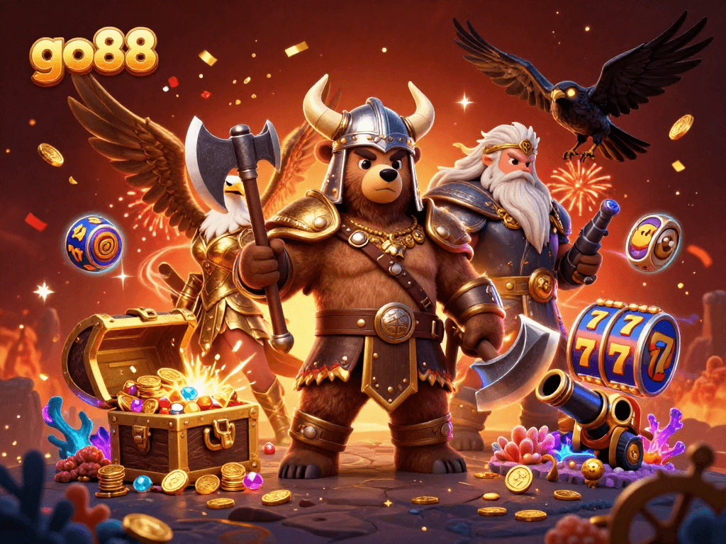 Engage with go88's vibrant casino world featuring Viking bear and Valkyrie, sizzling with thrilling slot action.