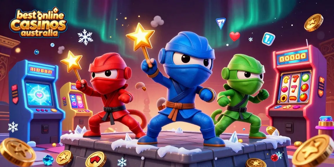 Experience the excitement of the best online casinos Australia with chameleon ninjas amidst casino elements.