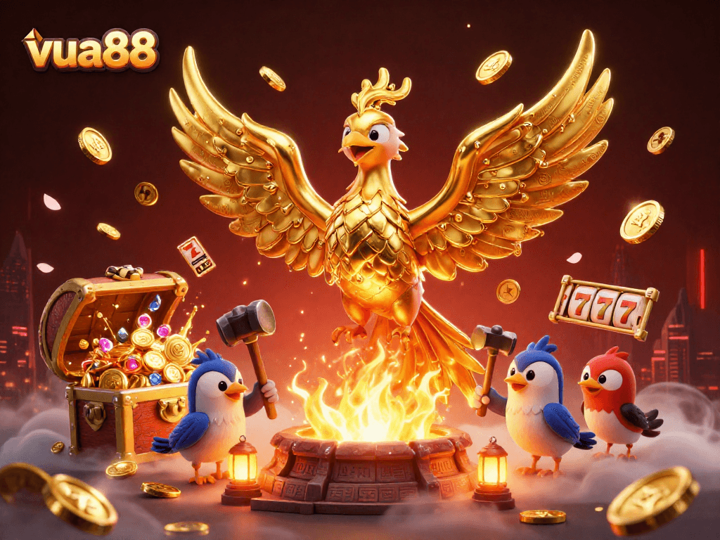 Experience the exhilarating world of vua88 with a golden phoenix and dynamic casino elements in this captivating illustration.