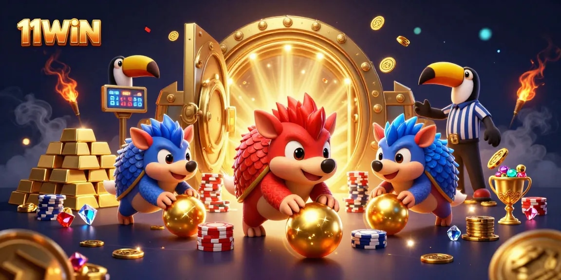 Engaging 11WIN illustration of rival pangolins competing while bowling through poker chips.