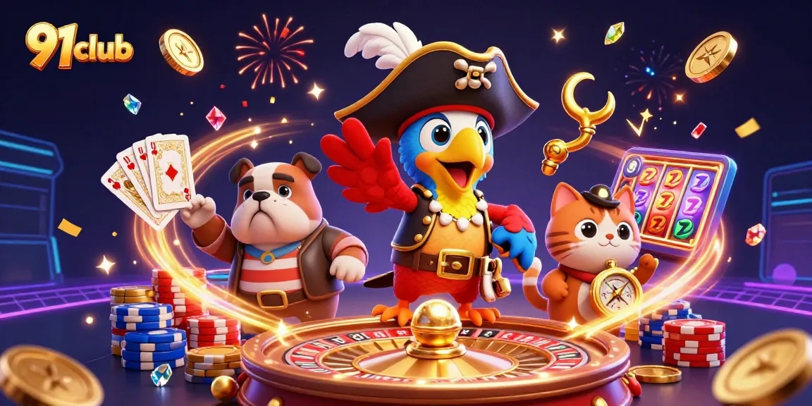 Engage in exciting casino adventures with vibrant 91club characters amidst flowing coins and a spinning roulette wheel.