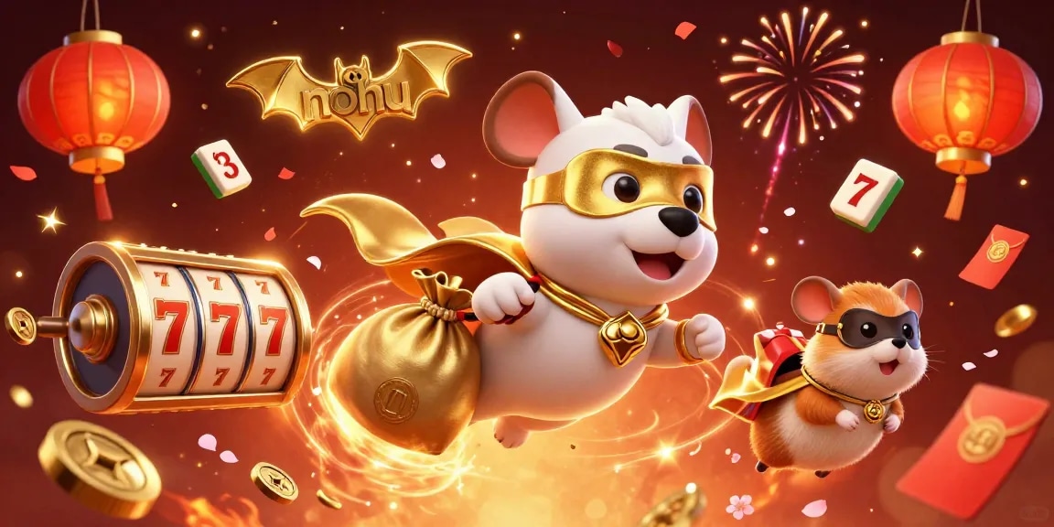 Engage with nohu's vibrant 3D illustration depicting a heroic dog and hamster in a celebratory casino atmosphere.