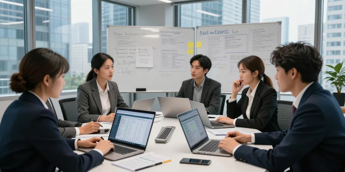 Team discussing call recording strategies in a modern office setting, showcasing collaboration and data insights.