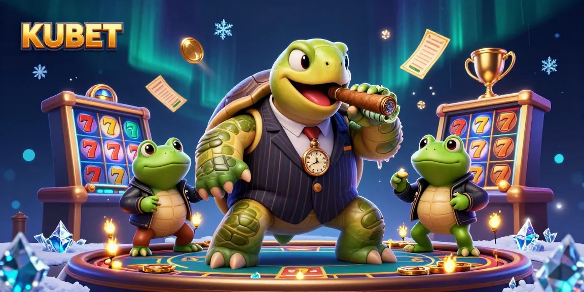 KUBET's unique online gaming experience features a snapping turtle mobster and bullfrog enforcers amid vibrant casino action.