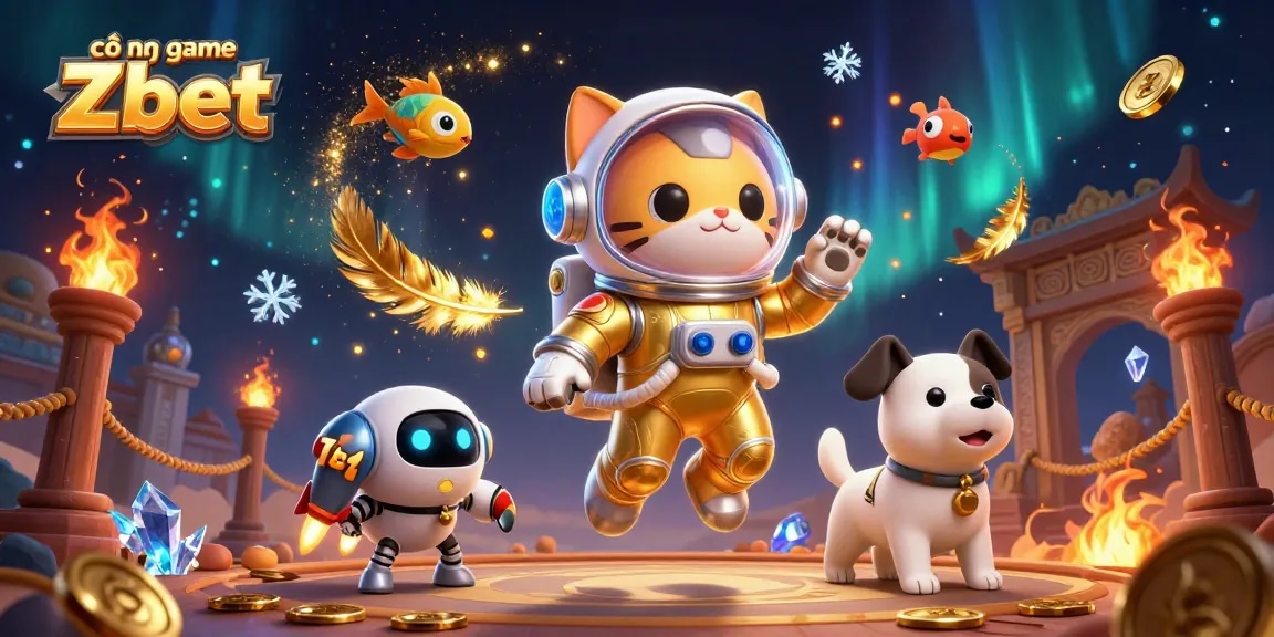 Engage with cổng game Zbet in this vibrant 3D illustration featuring a golden space-themed casino scene.