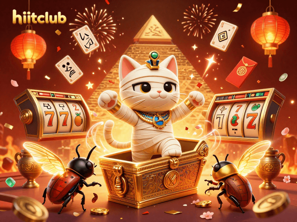 Engage with the hitclub Egyptian-themed jackpot adventure featuring 3D characters and vibrant casino elements.