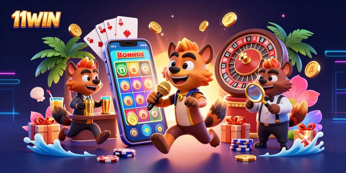 Engage with the vibrant comedy casino scene at 11WIN, featuring hyenas and exciting gaming elements.