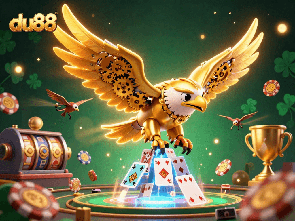 Experience thrilling wins at du88, featuring a cybernetic eagle amidst colorful casino elements and vibrant energy.