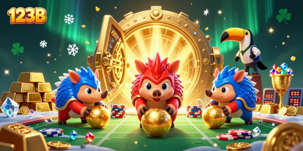 Experience thrilling bets with 123B as cartoon pangolins roll into golden winnings amidst poker chips.