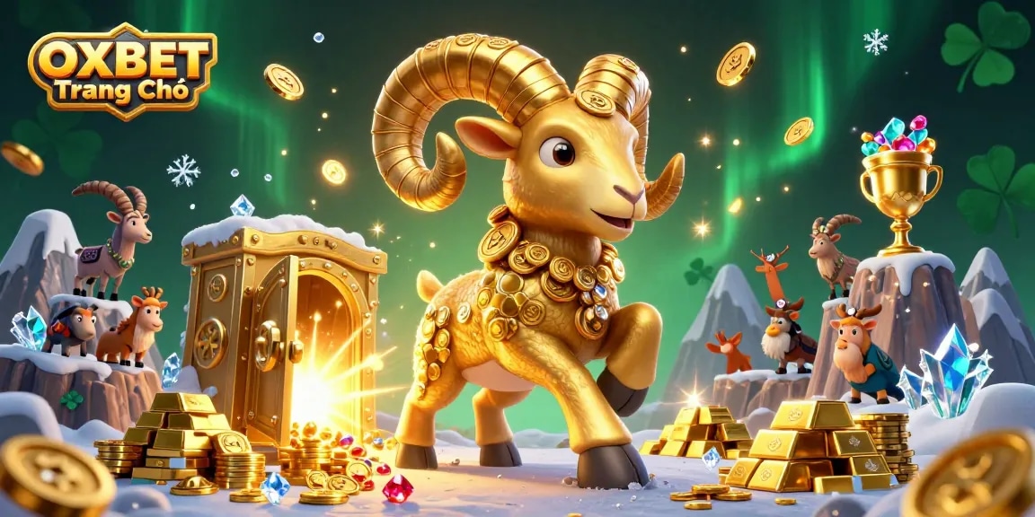 Experience the thrill of winning at OXBET Trang Chủ with a lively 3D casino scene featuring golden treasures and game symbols.