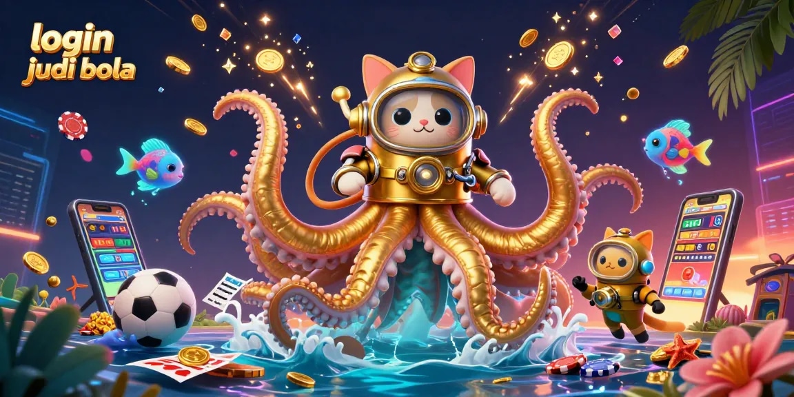 Experience login judi bola with a thrilling kraken and vintage diving cat amid a vibrant casino scene.