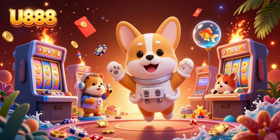 Experience excitement with U888 in a vibrant cosmic casino scene featuring floating poker chips and joyful characters.