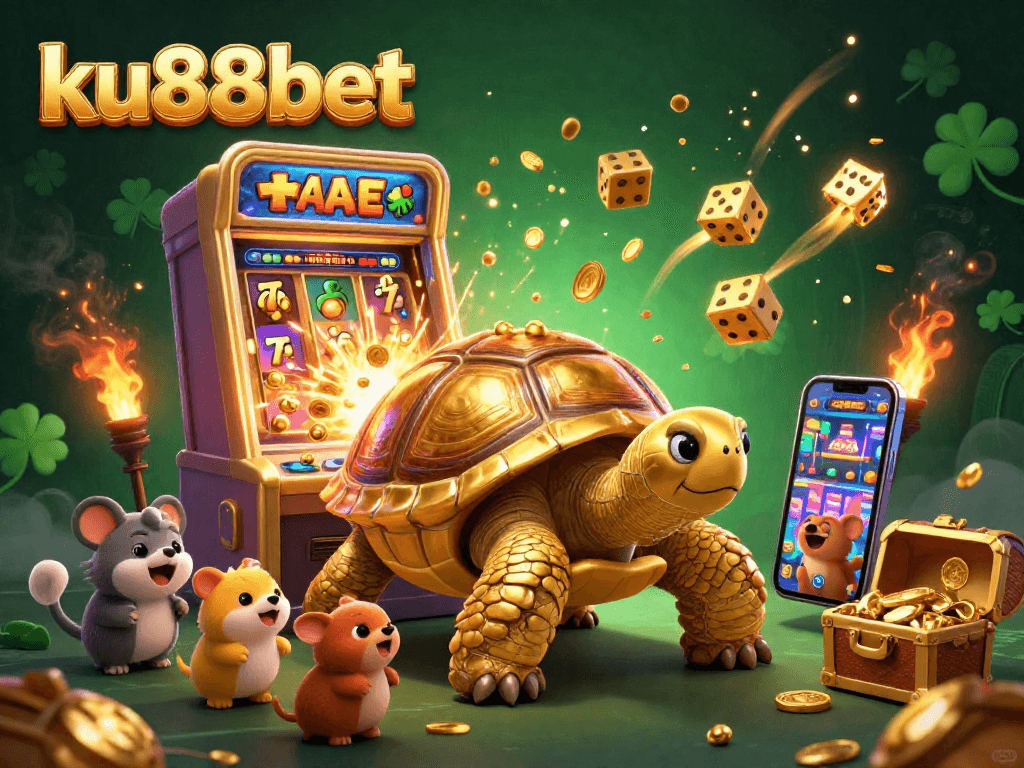 Engage with the thrilling atmosphere at ku88bet, featuring a colossal golden tortoise and vibrant jackpot scene.