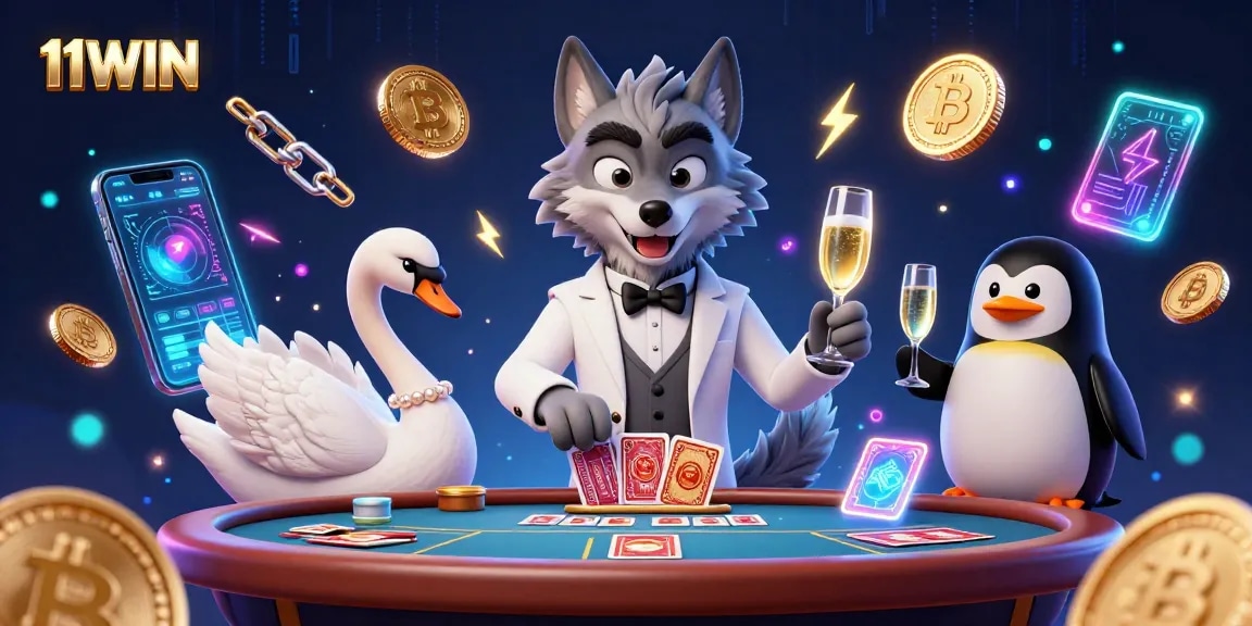 11WIN brings vibrant casino energy with a debonair wolf and elegant characters in a dynamic illustration.