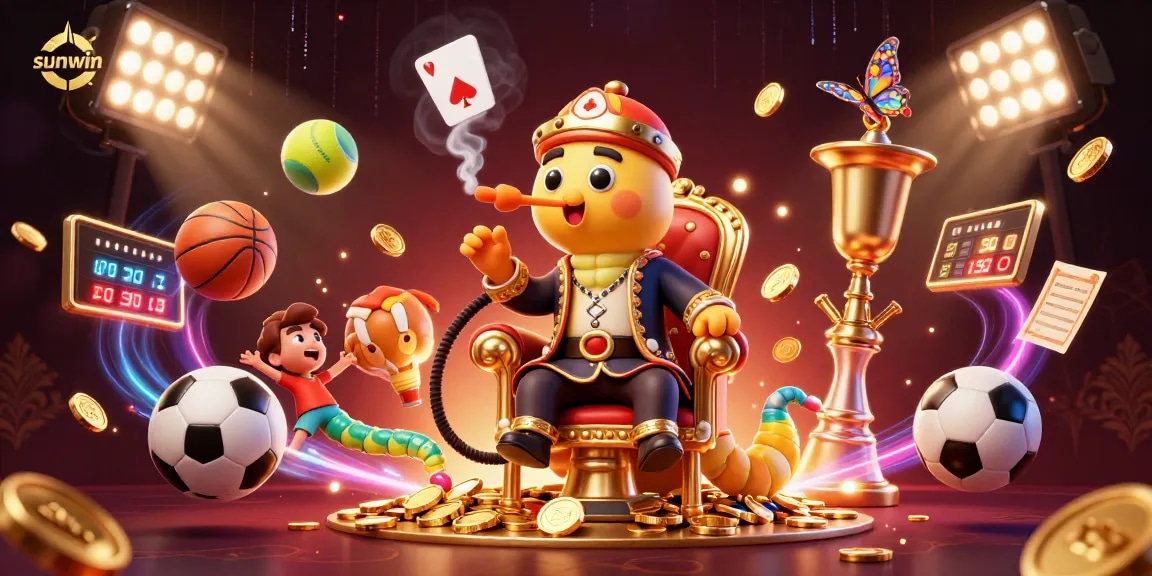 Experience sunwin's vibrant casino world with an energetic caterpillar hookah-master and dynamic sports elements.