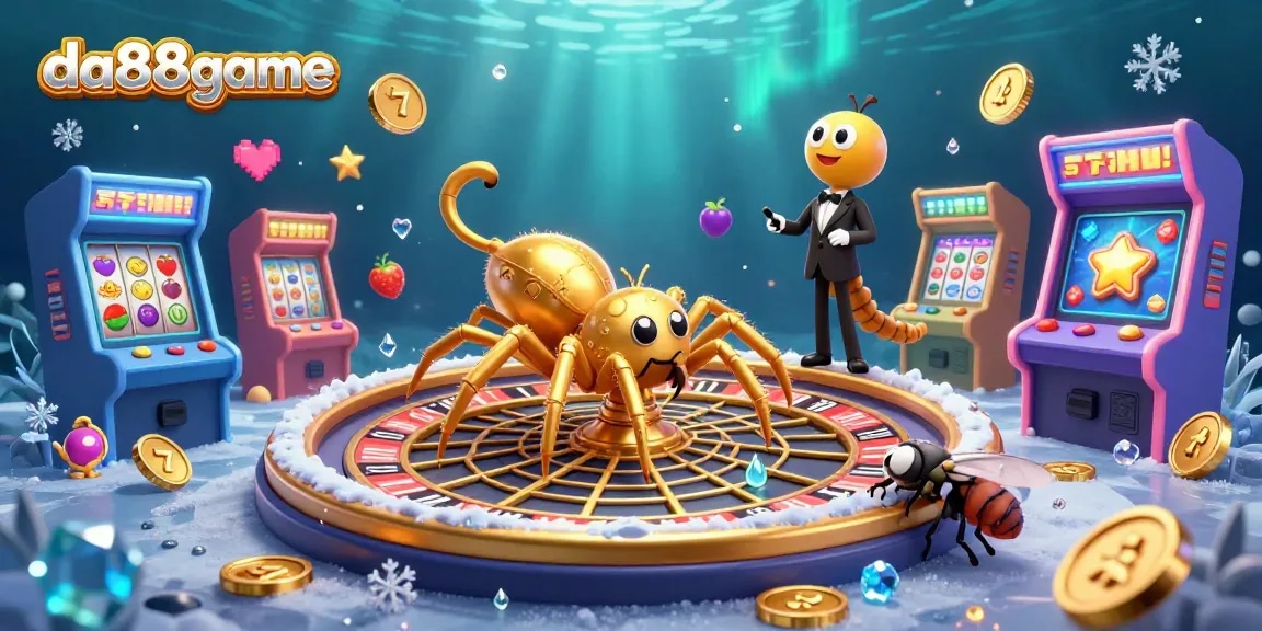Place bets at da88game with a vibrant scene of a golden spider and a centipede spinning a roulette web.