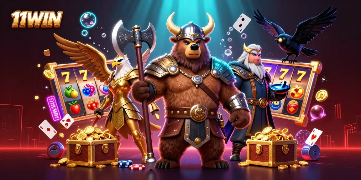 Engage in thrilling gameplay with 11WIN as colorful slot reels and dynamic characters energize the gaming experience.