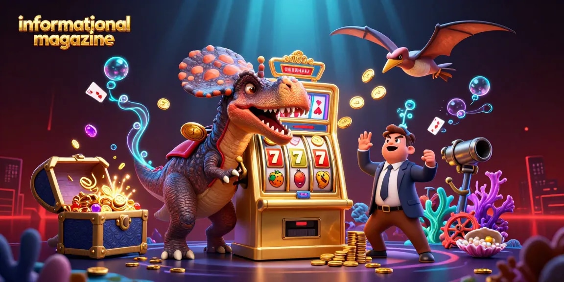 Informational magazine featuring casino dinos headbutting a slot machine for a jackpot!