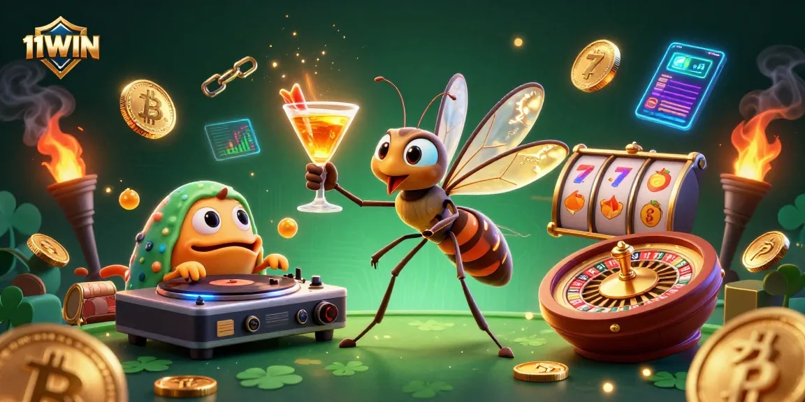 Engage with 11WIN in an exciting casino scene featuring unique characters and vibrant crypto elements.
