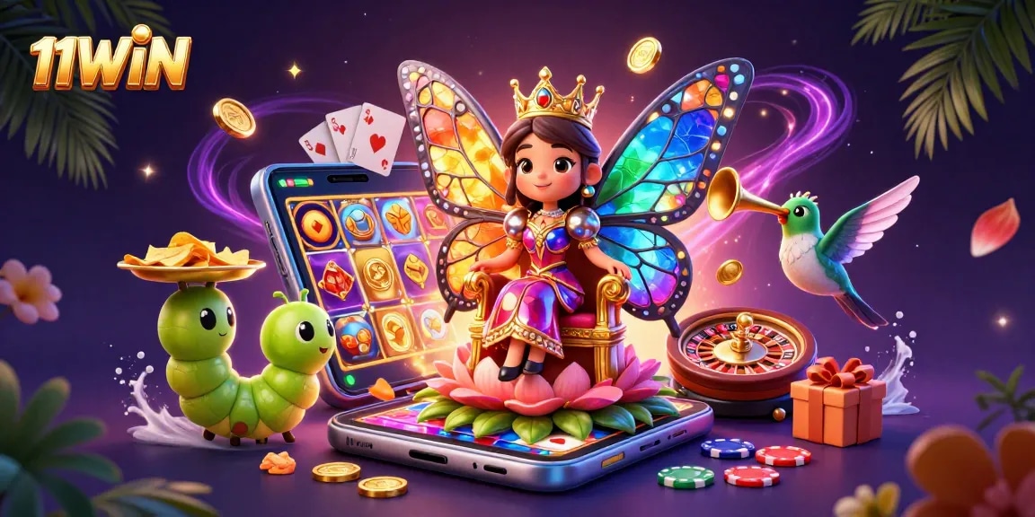 11WIN engages players with a vibrant casino scene of a butterfly queen and gaming elements.