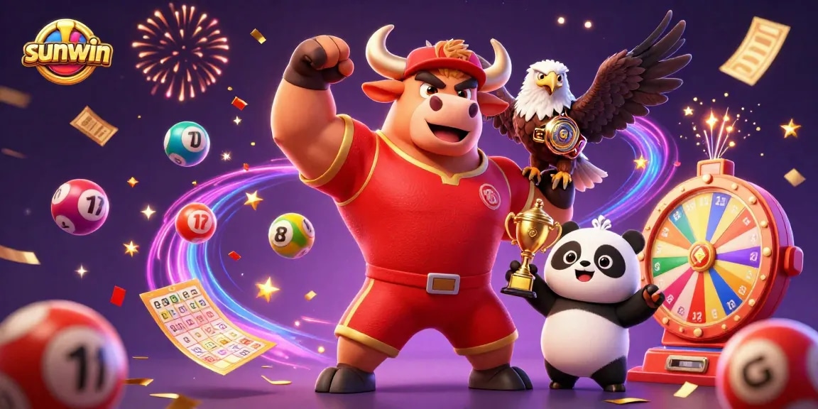 Experience sunwin's vibrant lottery action with a 3D bull mascot, eagle, and panda celebrating.