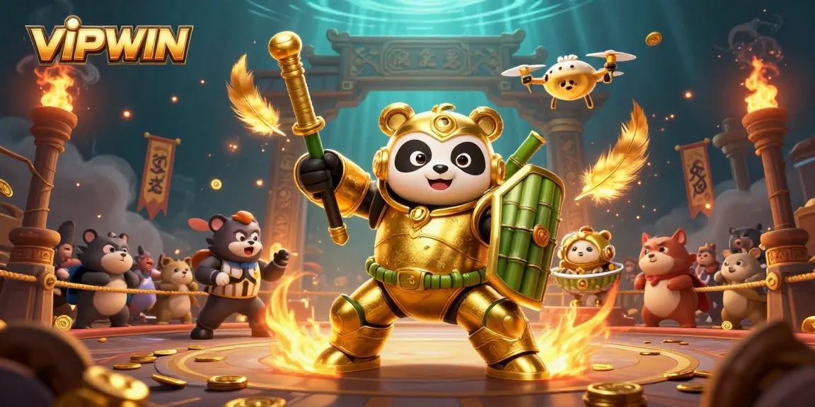 Experience the thrilling atmosphere of VIPWIN's dynamic gaming arena with animated characters and exciting game elements.