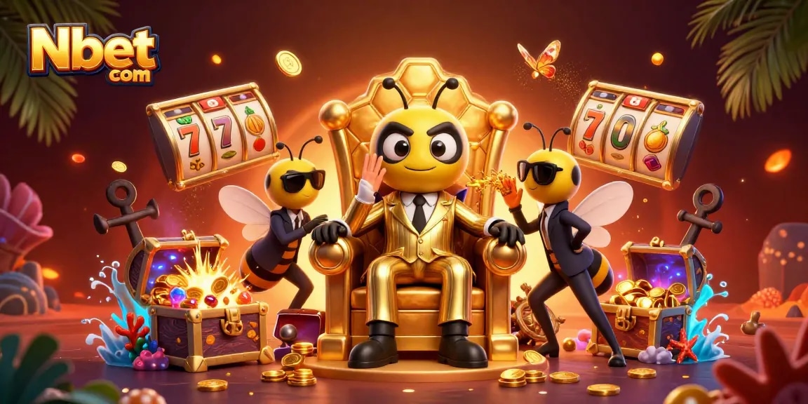 Engage with Nbet com's animated casino scene featuring a bee mob boss surrounded by vibrant game elements.
