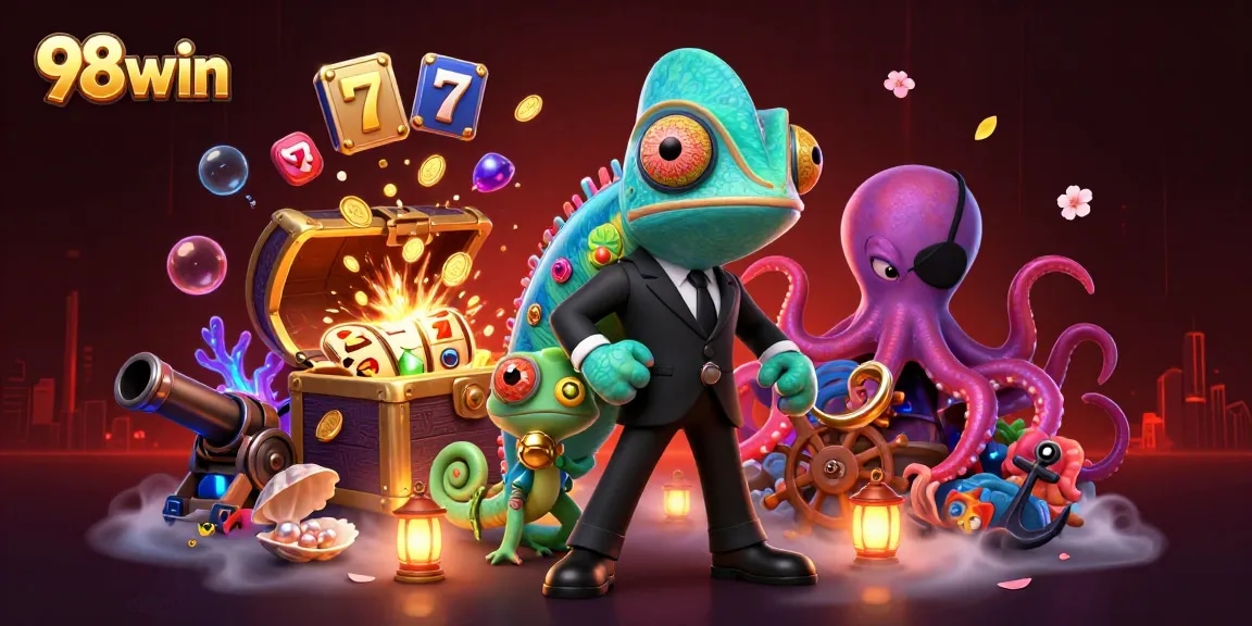 Win big with 98win in a vibrant casino-themed underwater adventure showcasing exciting games.
