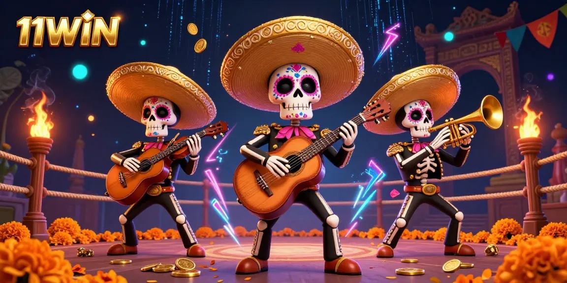 Experience the vibrant 11WIN casino with a Day of the Dead mariachi band amid gold coins and dynamic elements.