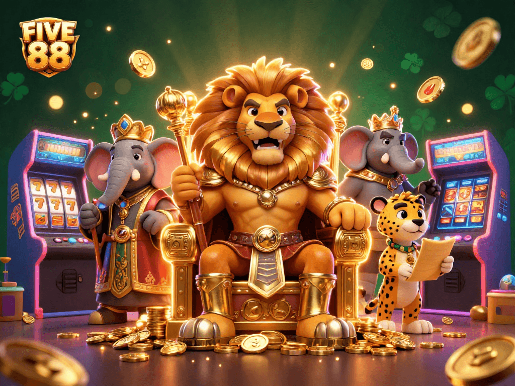 Experience FIVE 88 with a fierce lion king, an elephant, and a cheetah in a vibrant casino adventure.