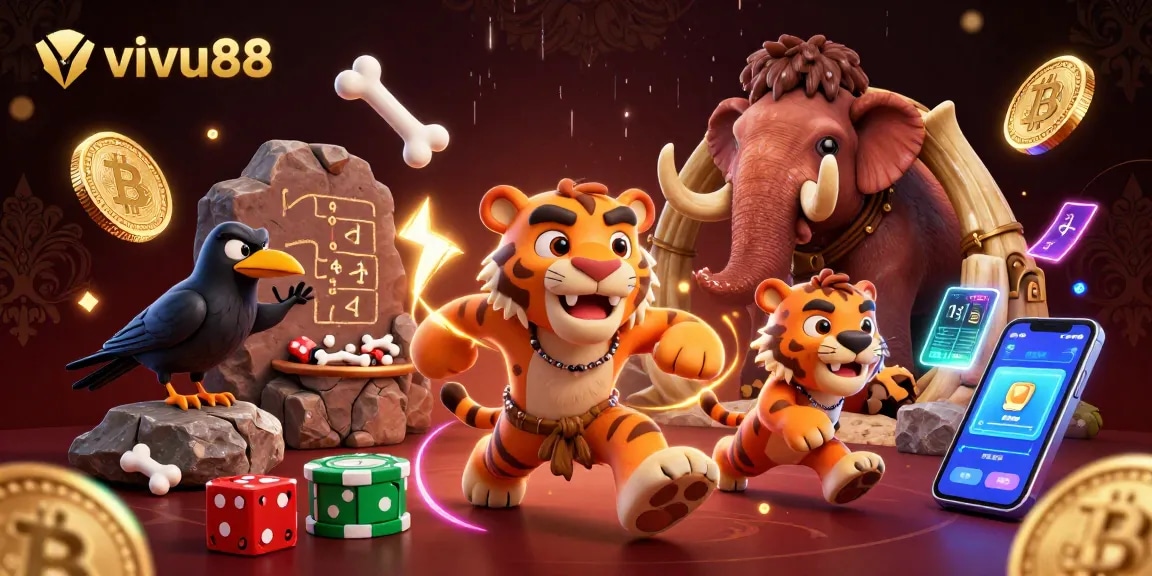 Experience thrilling casino action at vivu88 with animated cavemen and rich gaming elements.