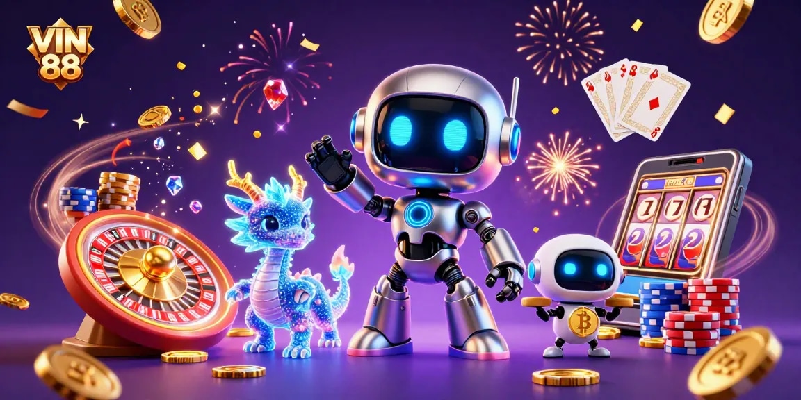 Experience winnings at VIN 88 with a vibrant 3D casino scene featuring robots, coins, and gaming elements.