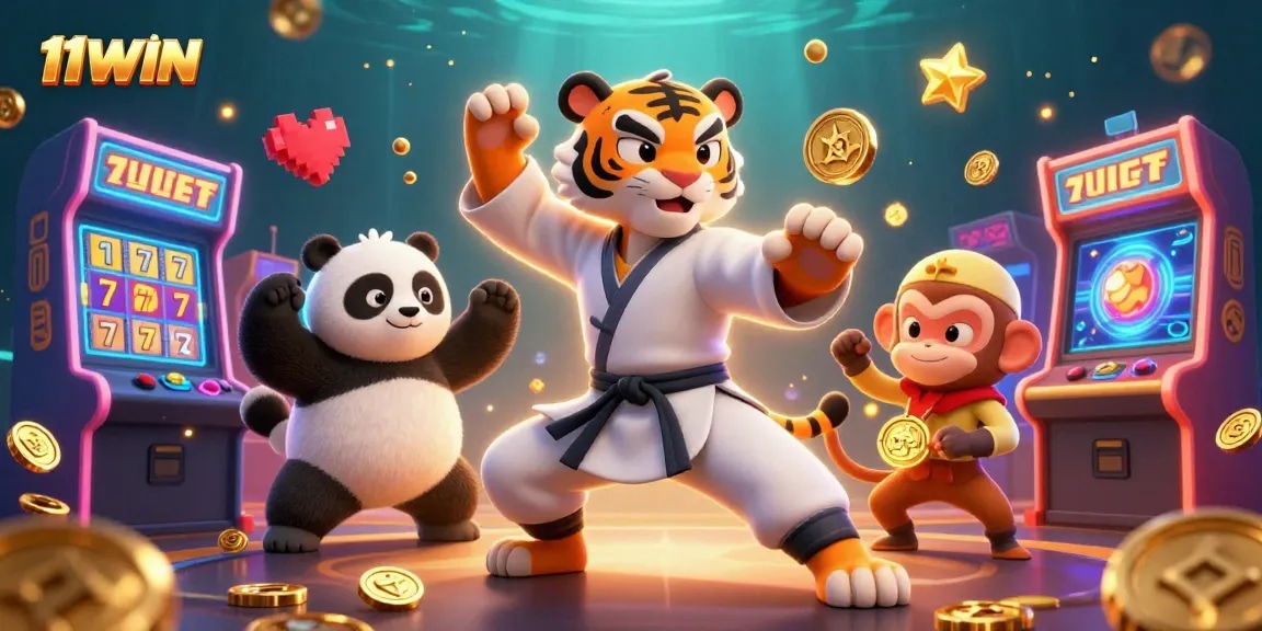 Experience thrilling gameplay at 11WIN with our dynamic, colorful casino scene featuring exciting slot machines.