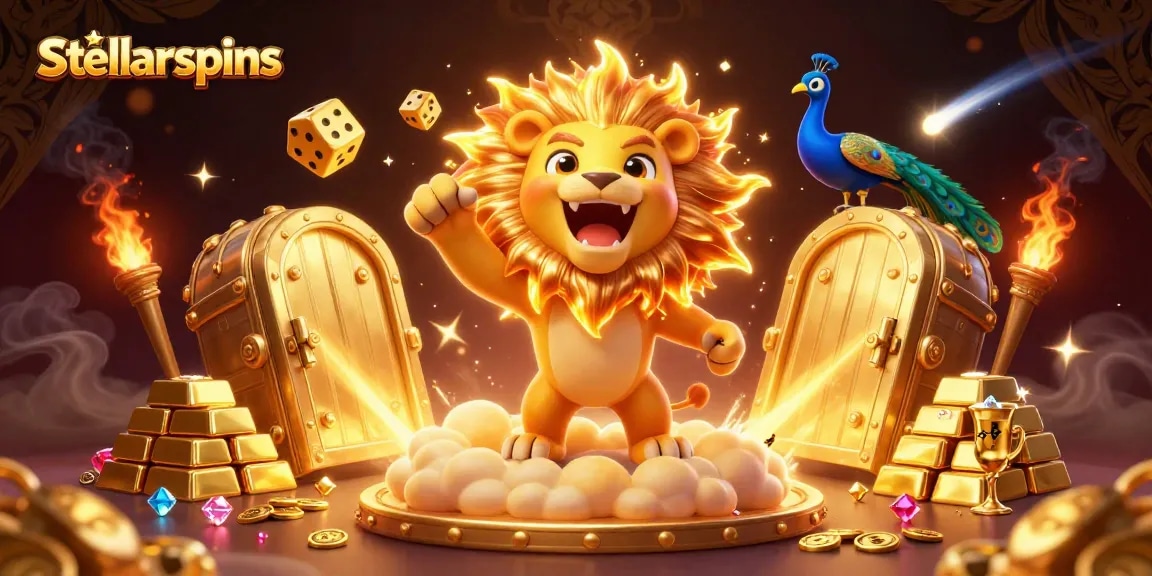 Experience the thrilling gameplay of stellarspins Casino with a vibrant 3D illustration showcasing roaring characters and luxurious treasures.