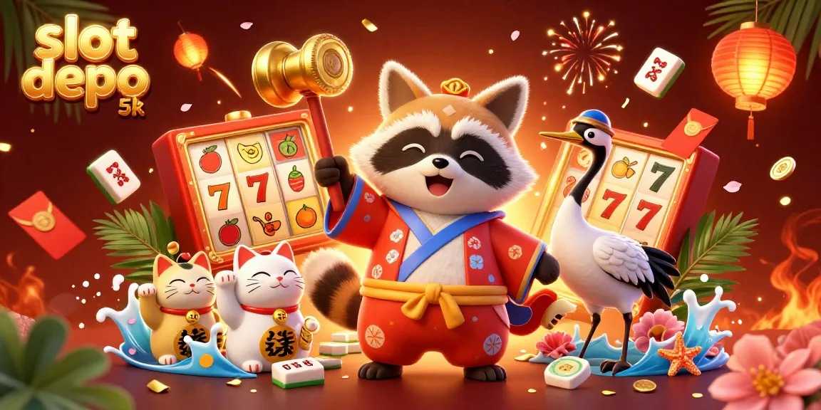 Experience thrilling wins at slot depo 5k with cheerful tanuki characters and festive casino elements.
