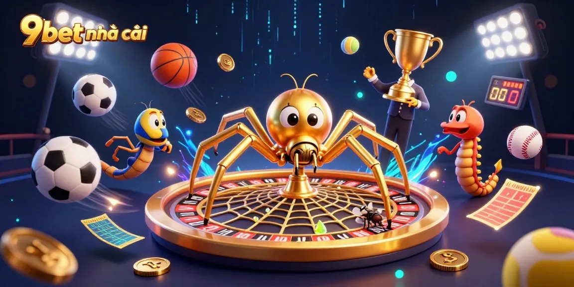 Place your bets with 9bet nhà cái in this thrilling 3D casino scene featuring spinning roulette and sports elements.