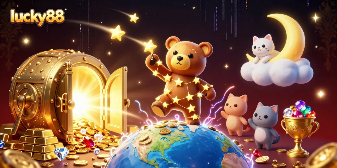 Experience winning excitement with lucky88 in a vibrant 3D casino scene filled with treasures.