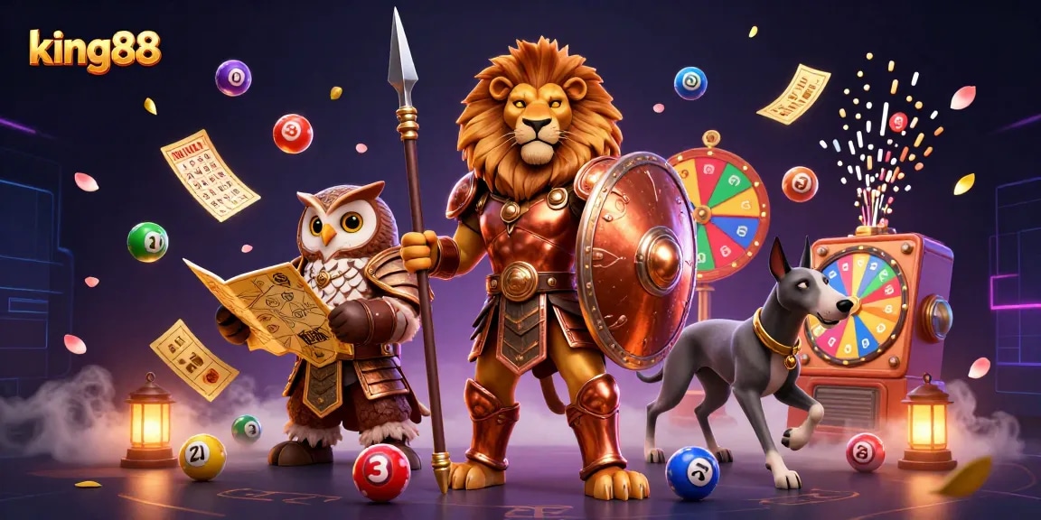 Experience the excitement of king88 with vibrant lottery elements and engaging casino characters.