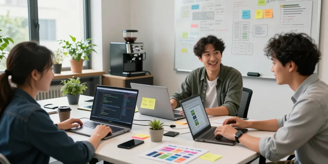 Build internal tools with AI in a vibrant tech workspace with collaborative developers, laptops, and brainstorming tools.
