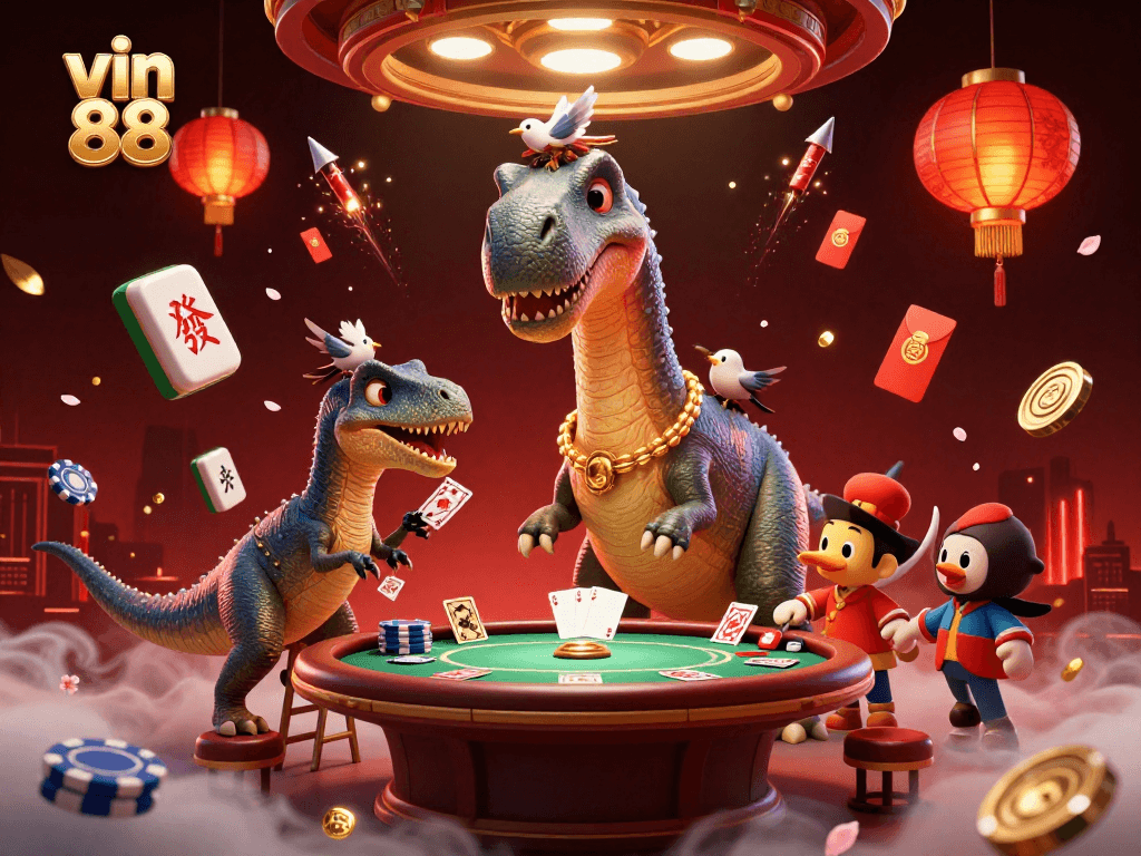 vin 88 showcases an entertaining poker table scene with vibrant characters and cascading casino elements.