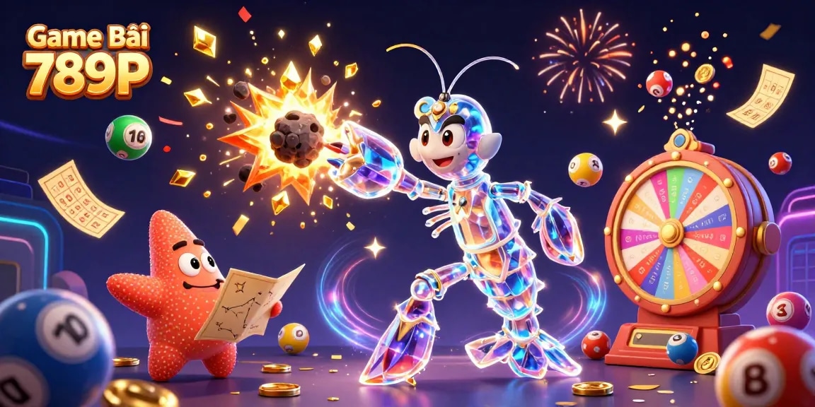 Engage in the action of Game Bài 789P, a colorful scene of a mantis shrimp breaking an asteroid, golden gems and bubbles flying.