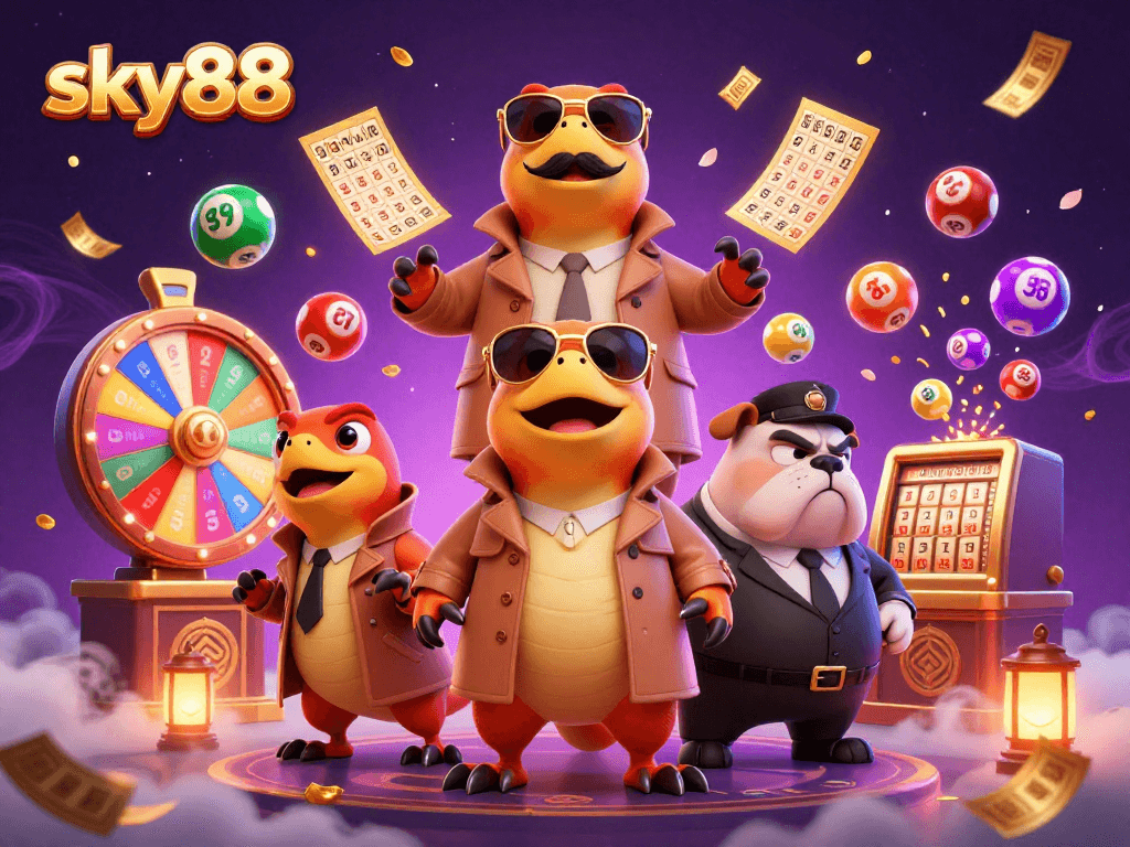 Experience thrilling gambling at sky88 with the playful raptors and vibrant casino elements surrounding them.