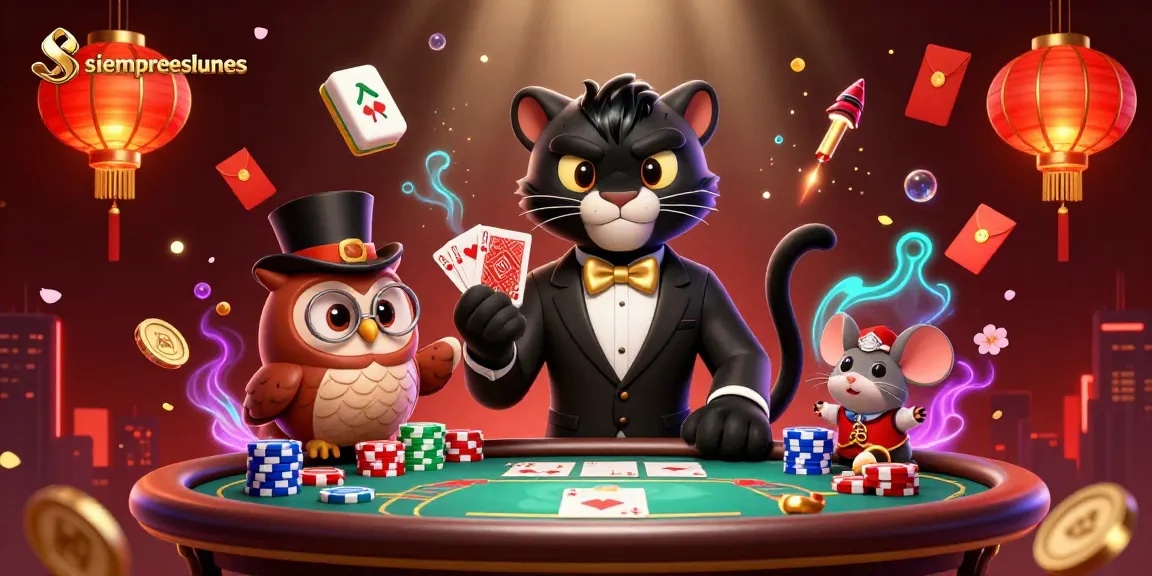 Engage with siempreeslunes as a stylish black panther deals cards while friends celebrate with poker chips and festive decor.